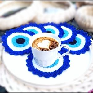 Set of 6Pcs Coasters 🧿 Eye-Evil Crocheted Table Decor - Brand New